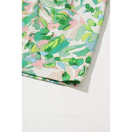 Green Leafy Printed Flounce Sleeve Shirred Mock Neck Blouse