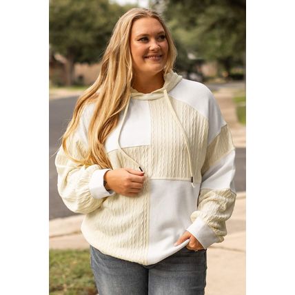 Beige Textured Patchwork Exposed Seam Plus Size Hoodie