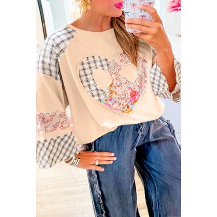 Beige Plaid Floral Peace Heart Graphic Wide Long Sleeve Top