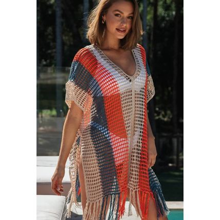 Multicolor Striped Tassel Crochet V Neck Beach Cover Up