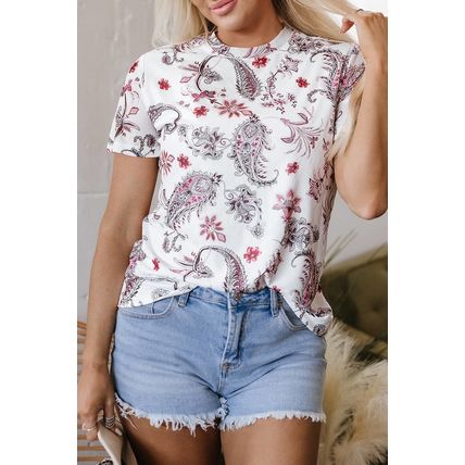 White Vintage Paisley Mock Neck T Shirt