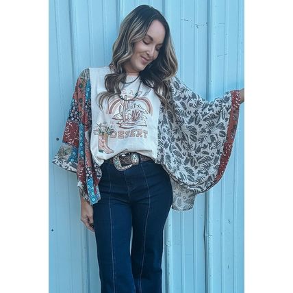 Multicolour Asymmetric Printed Patchwork Sleeve Peace Desert Graphic Top