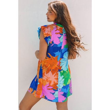 Blue Bold Floral Flutter Sleeve Shift Mini Dress with Pockets