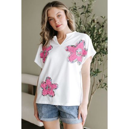 White Floral Applique Notched V Neck Dolman Sleeve Top