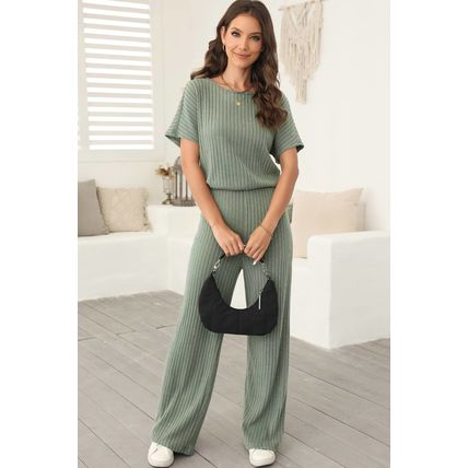 Laurel Green Ribbed Keyhole Short Sleeve Wide Leg Jumpsuit
