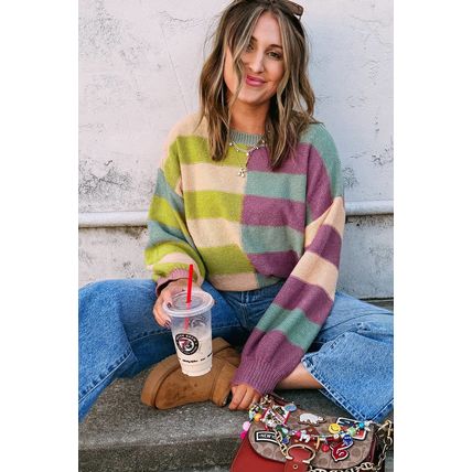Green Stripe Drop Shoulder Ribbed Edge Casual Sweater
