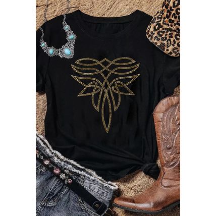 Black Rhinestone Western Pattern Cotton Blend Graphic T Shirt
