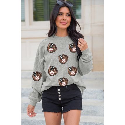 Gray Sequin Baseball Patched Casual Sweatshirt