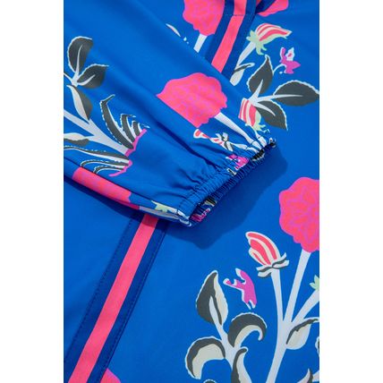 Blue Floral Print Contrast Striped Trim Notched Neck Long Sleeve Blouse