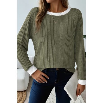 Moss Green Ribbed Contrast Cuffed Round Neck Long Sleeve T Shirt