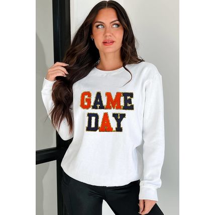White GAME DAY Chenille Letter Graphic Sweatshirt