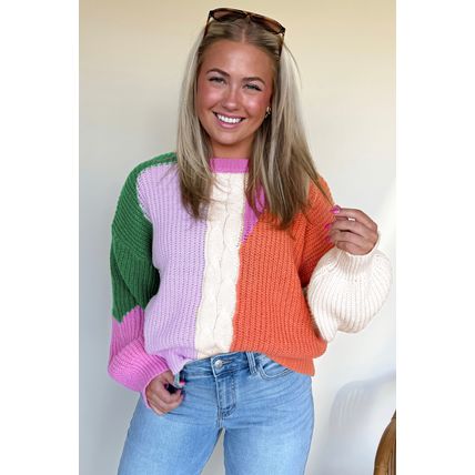 Desert Gold Color Block Textured Knit Drop Shoulder Loose Fit Sweater