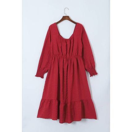 Fiery Red Lace-up Ruched Front Long Sleeve Ruffle Hem Plus Size Midi Dress