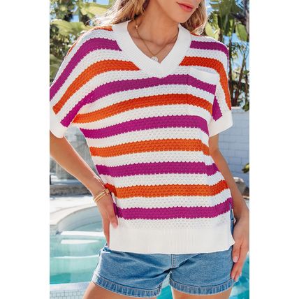 Rose Stripe V Neck Short Sleeve Sweater with Side Slits
