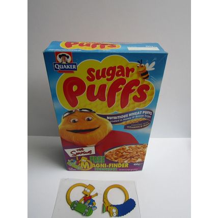 Quaker - Sugar Puffs 2001 The Simpsons Cereal Box & Uncut Sheet of Magni-Finders