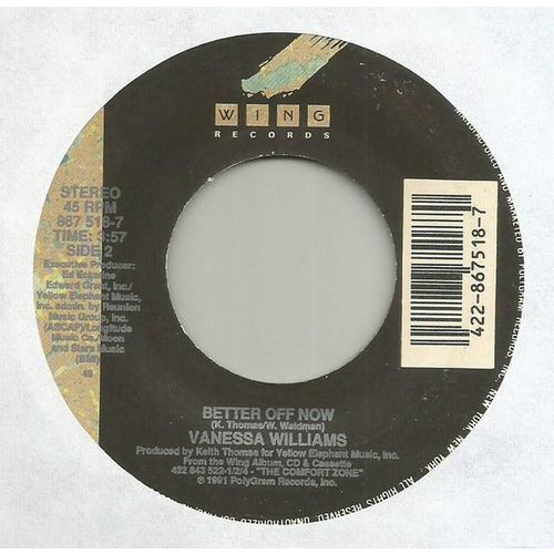 Vanessa Williams ‎– Running Back To You/ Better Off Now 7 Inch Vinyl 45 RPM 198