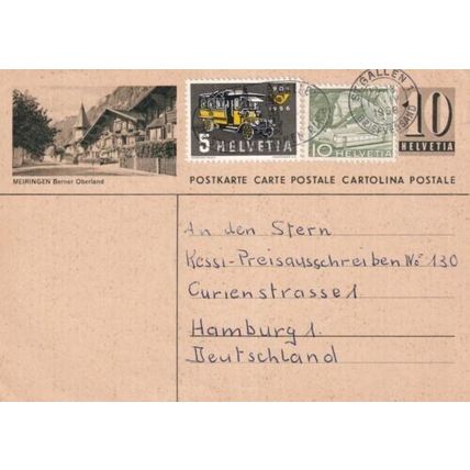 Switzerland 1956 Meiringen 10c+15c postcard St Gallen-Hamburg Germany written