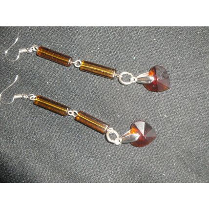 Beautiful long drop dark coffee column & amber crystal glass heart earrings