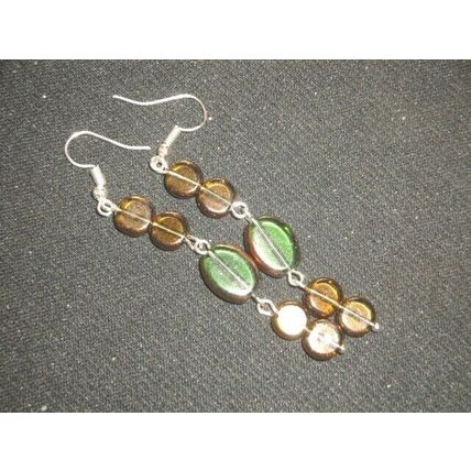 One off bronze dipped dark yellow & green glass long swing earrings