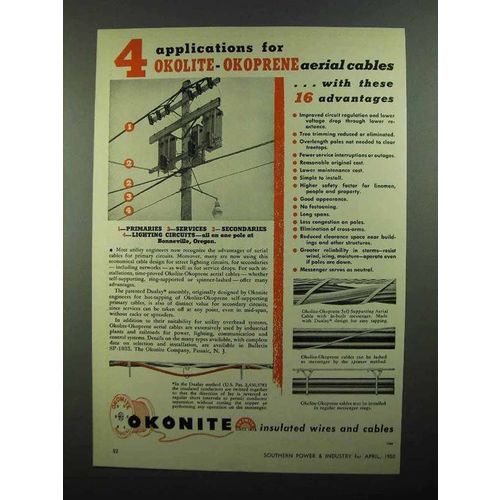 1950 Okonite Okolite-Okoprene Aerial Cable Ad