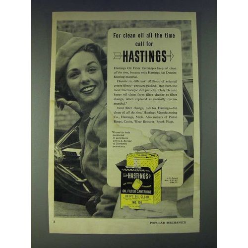 1958 Hastings Oil Filter Cartridge Ad - For clean oil all the time