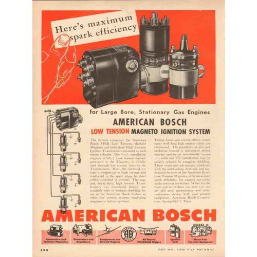AMERICAN BOSCH 1953 maximum spark efficiency engine magneto vintage ad