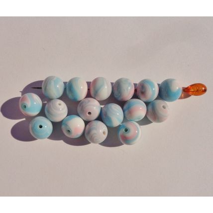 16 Vintage Japanese Round Glass Beads 10mm Blue Pink Swirl Craft bd101