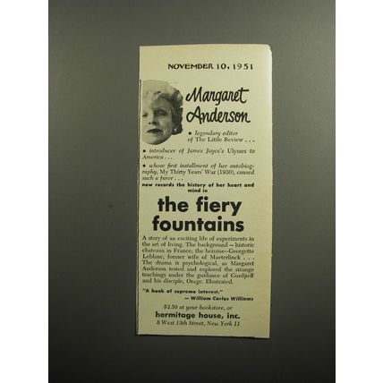 1951 Hermitage House Book Ad - The Fiery mountains by Margaret Anderson