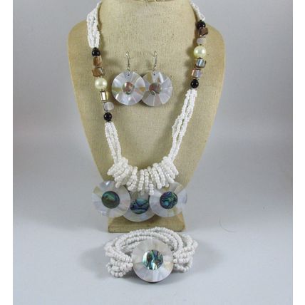 White Seed Beaded Mop/ abalone Necklace Bracelet earring Set