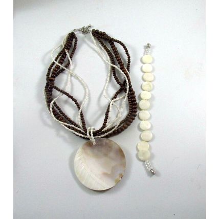 Large Genuine White MOP twist Seed & Wood Beaded Necklace & Bracelet Set