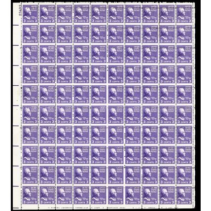 807, MNH 3¢ Misperforated Freak Error - Sheet of 100 Stamps .. Stuart Katz