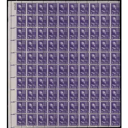 807, MNH 3¢ Misperforated Freak Error - Sheet of 100 Stamps ** Stuart Katz