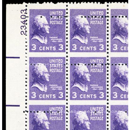 807, MNH 3¢ Misperforated Freak Error - Sheet of 100 Stamps .. Stuart Katz