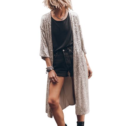 Apricot Sequin 3/4 Sleeve Open Front Duster Kimono