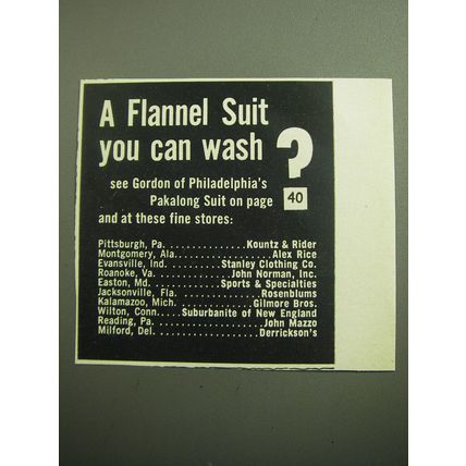 1958 Gordon of Philadelphia Pakalong Suit Ad - A Flannel suit you can wash?