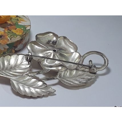 Vintage 3 1/4" X 1 3/4" Flower & Leaf Sterling Silver Brooch #19439