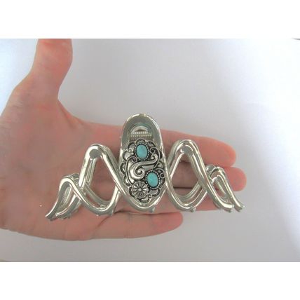 Large hair claw clip turquoise blue and silver western design metal native