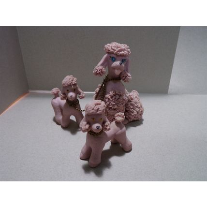 Vintage Pink Poodle Family Spaghetti Ceramic Blue Stone Eyes Mom Puppies