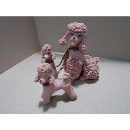 Vintage Pink Poodle Family Spaghetti Ceramic Blue Stone Eyes Mom Puppies