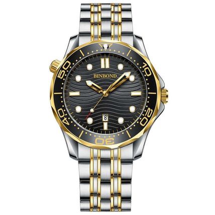 BINBOND B2820 Luminous 30m Waterproof Men Sports Quartz Watch, White Steel Black