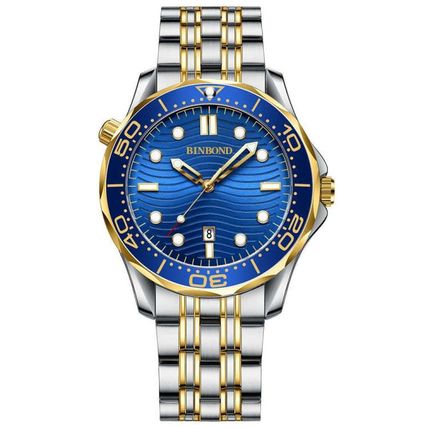 BINBOND B2820 Luminous 30m Waterproof Men Sports Quartz Watch, White Steel Black
