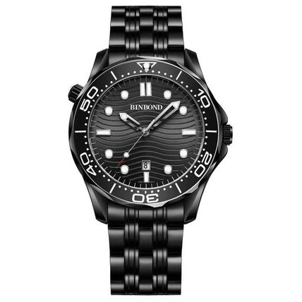 BINBOND B2820 Luminous 30m Waterproof Men Sports Quartz Watch, White Steel Black