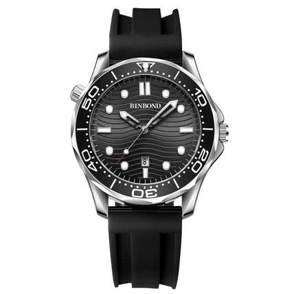 BINBOND B2820 Luminous 30m Waterproof Men Sports Quartz Watch, White Steel Black