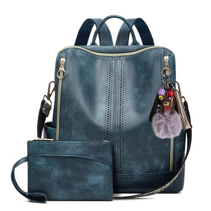 Women's Double Zipper Backpack Student Backpack Blue