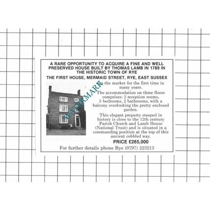 The First House Mermaid Street Rye Sussex SMALL House Sale Advert 1991 Clipping