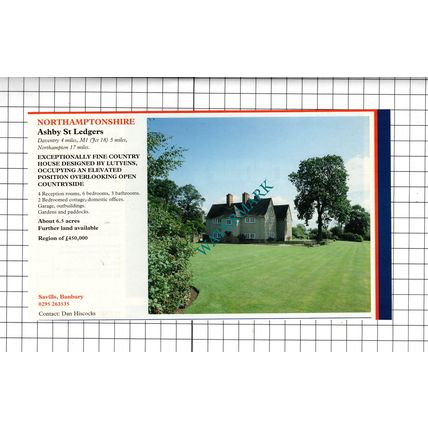 Ashby St Ledgers Northamptonshire Lutyens House Sale Advert - 1994 Cutting