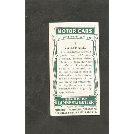 Cigarette Card Lambert & Butler Motor Cars 1st Series #1 Vauxhall