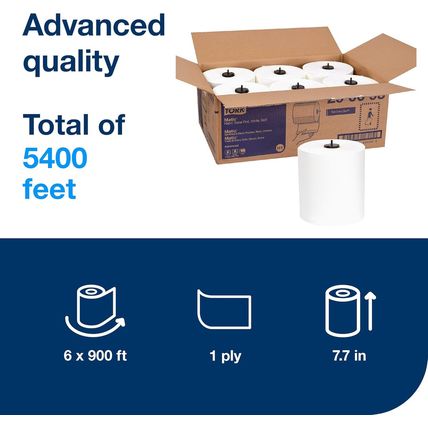 Tork Matic Soft Hand Towel Roll White H1, Advanced, High Absorbency, 6 Rolls X 9