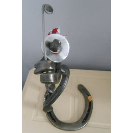 Metal Art Decor Horse Shoe Figurine Cowboy Playing Golf