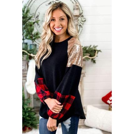 Crewneck Lantern Sleeve Plaid Sequin Splicing Pullover Sweatshirt